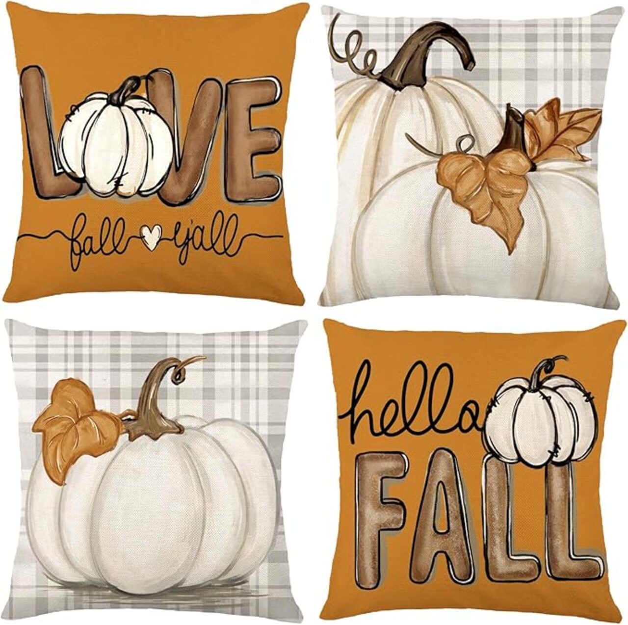Fall Pumpkin Throw Pillow Covers 18x18 Set of 4, Maple Leaf Love Autumn Thanksgiving Harvest Decorative Pillows Outdoor Farmhouse Seasonal Cushion Cover for Home Sofa Couch Decor